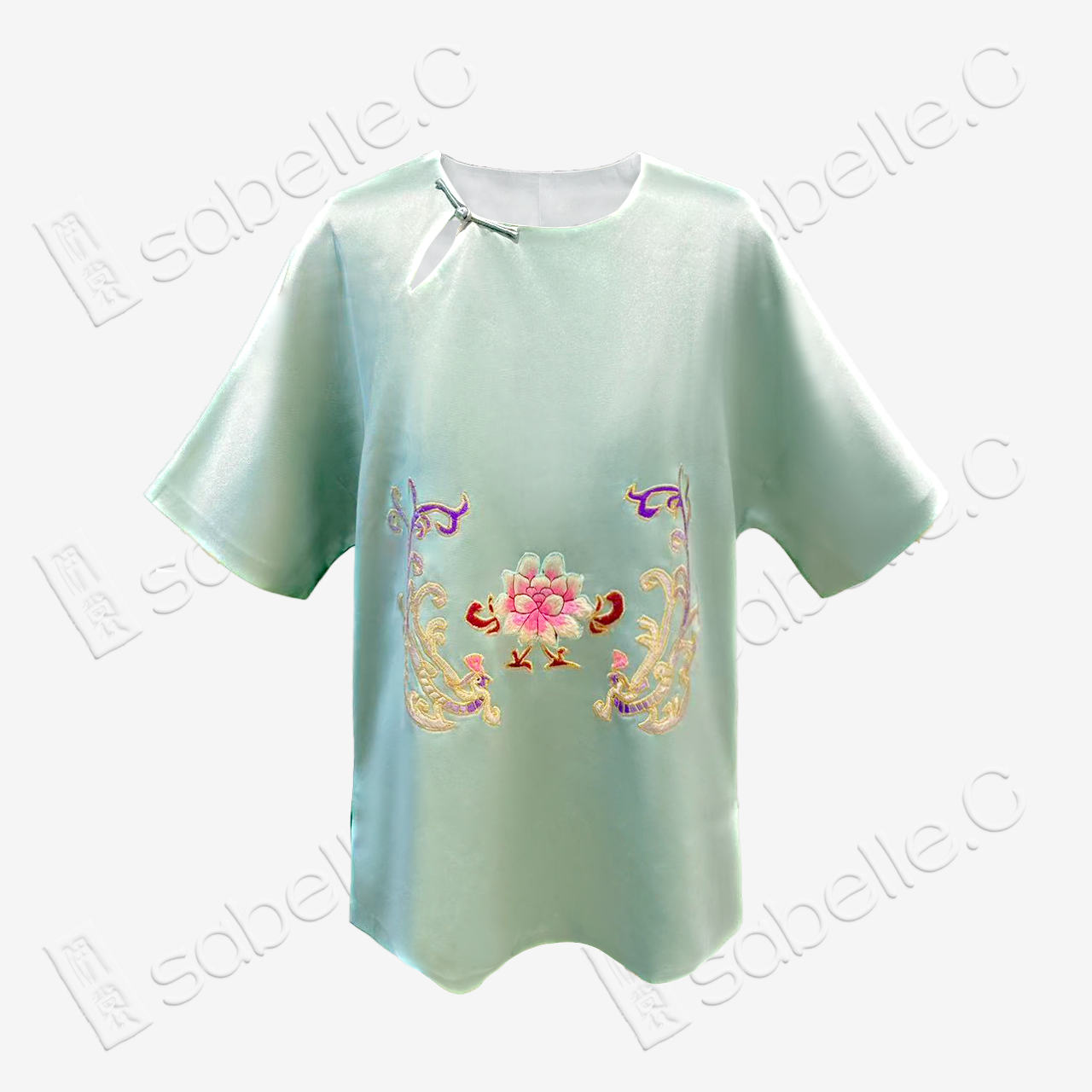 Antique Silk Handmade Embroidered Lotus Frog Button Top - 手工老繡真絲上衣