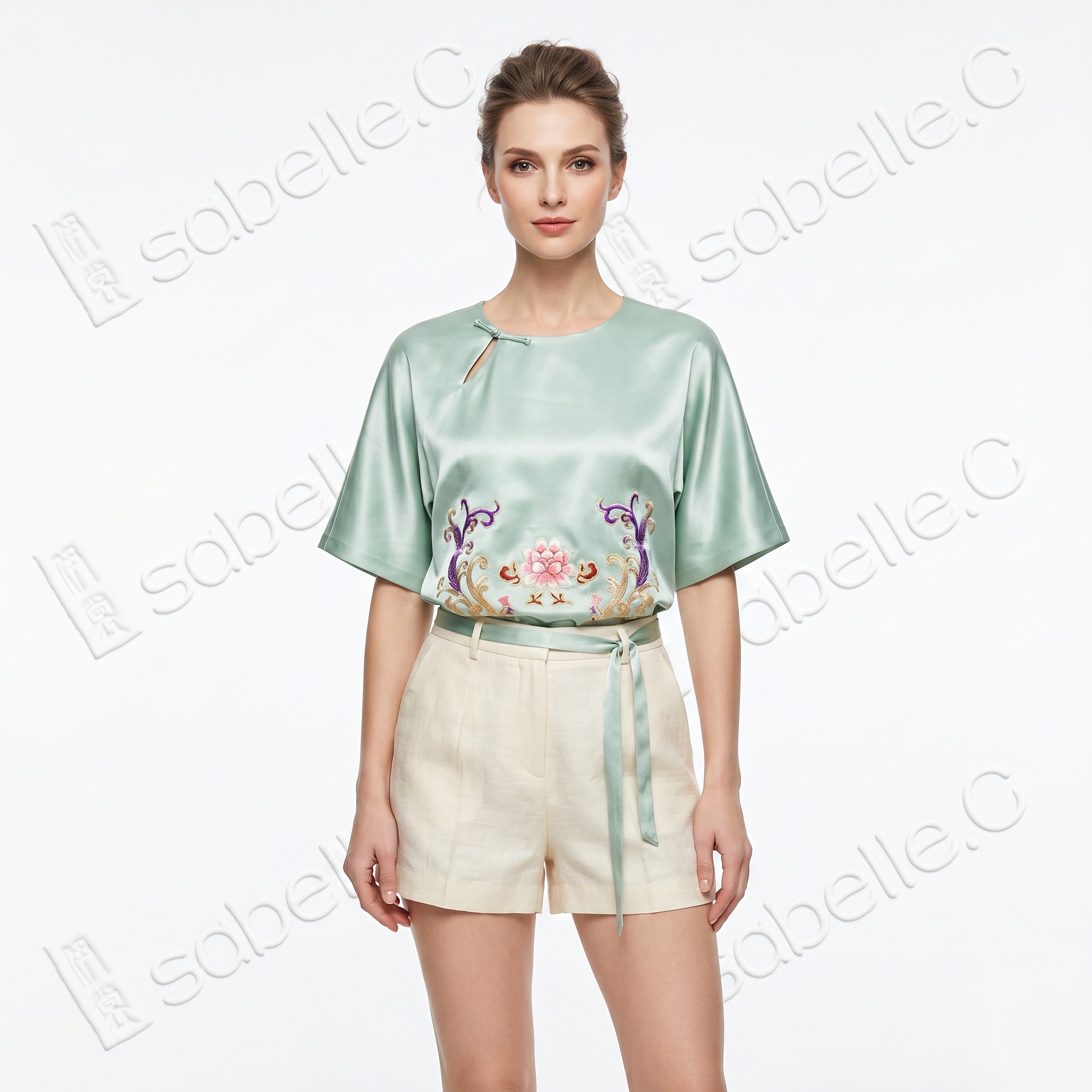 Antique Silk Handmade Embroidered Lotus Frog Button Top - 手工老繡真絲上衣