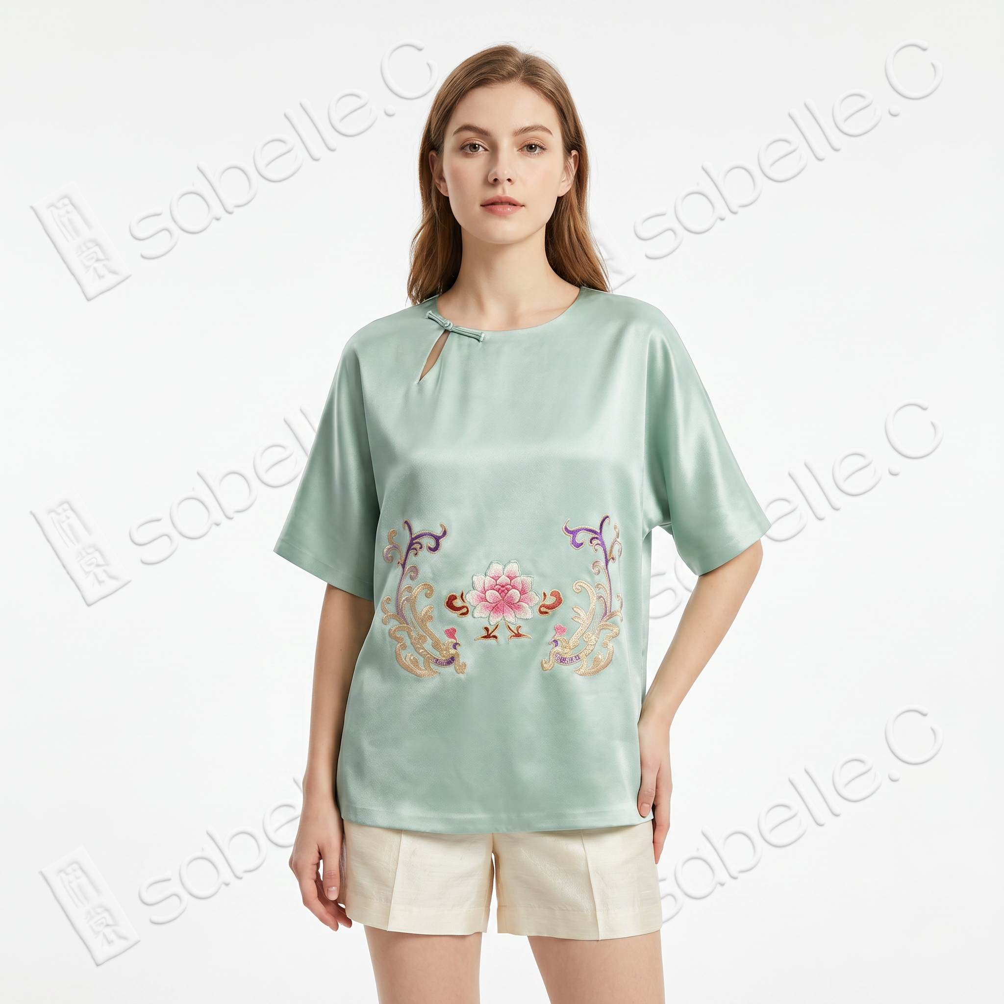 Antique Silk Handmade Embroidered Lotus Frog Button Top - 手工老繡真絲上衣