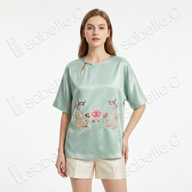 Antique Silk Handmade Embroidered Lotus Frog Button Top - 手工老繡真絲上衣