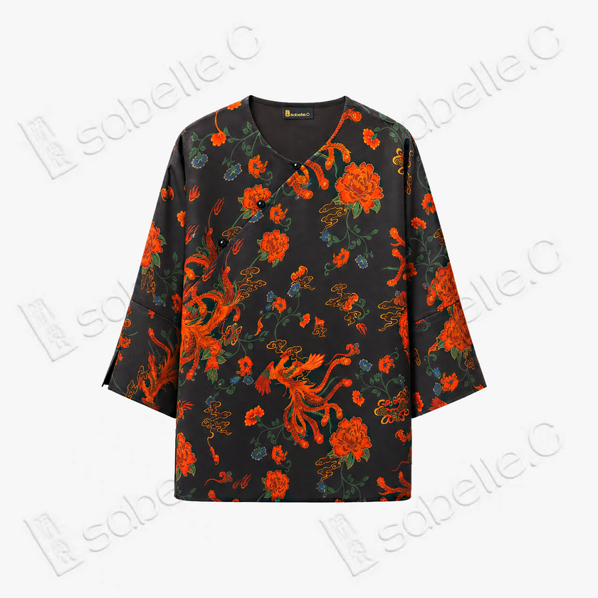 Vintage Silk Satin Phoenix Wrap Top - 古董真絲老緞鳳紋交襟衫