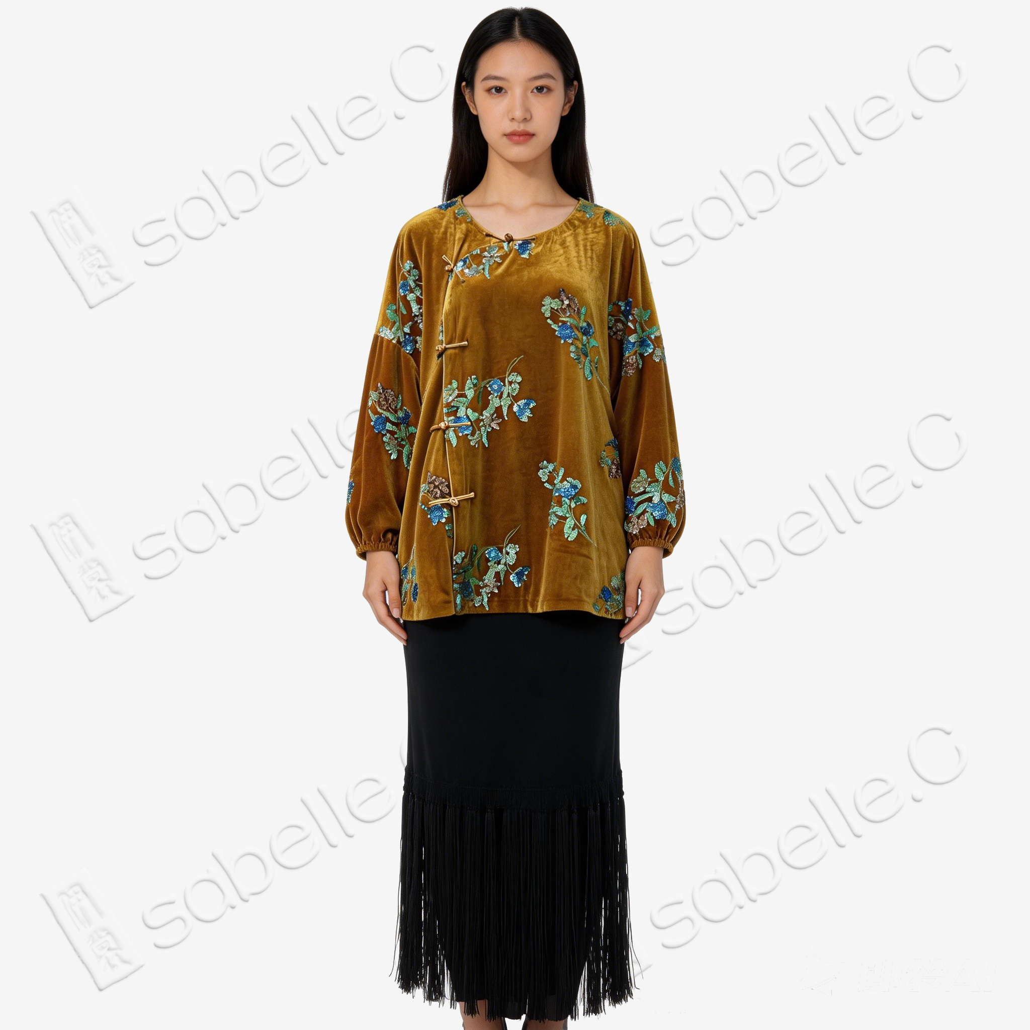 Bead-Embroidered Velvet Top