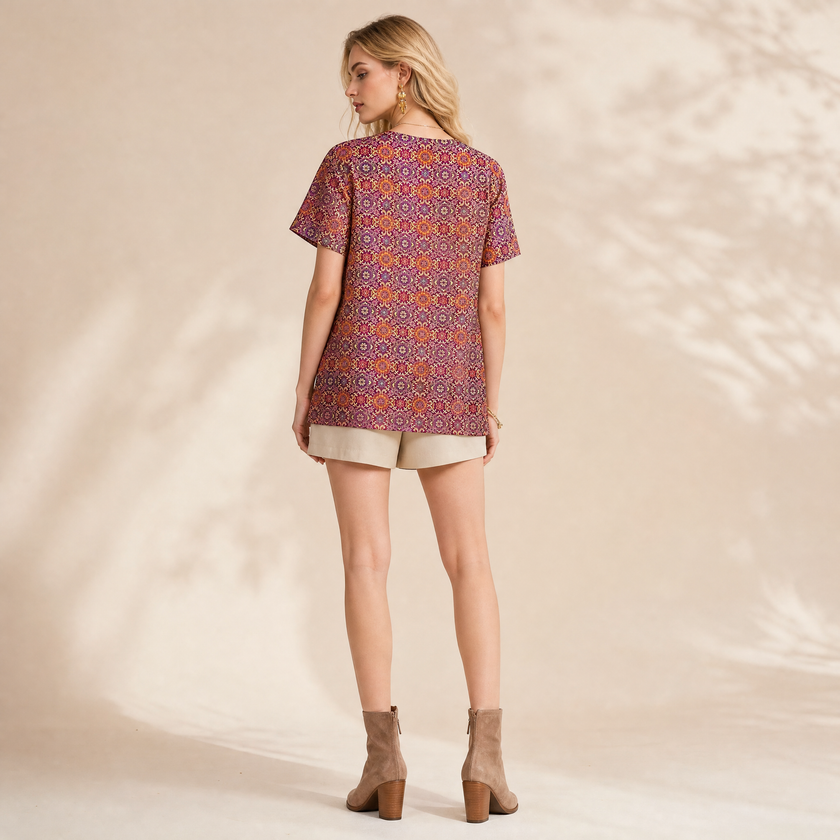 Shu Brocade Short Sleeve Side Slit Tunic Top - 非遺宋錦上衣