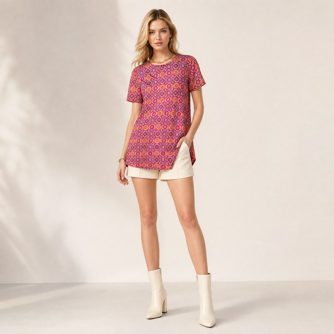 Shu Brocade Short Sleeve Side Slit Tunic Top - 非遺宋錦上衣