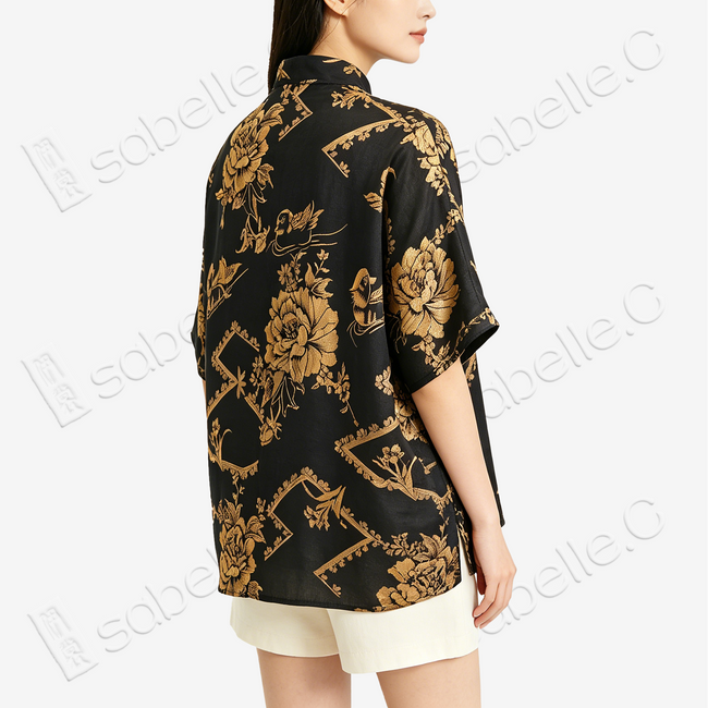 Black Vintage Silk Satin Short Sleeve Blouse - 真絲老緞短袖上衣