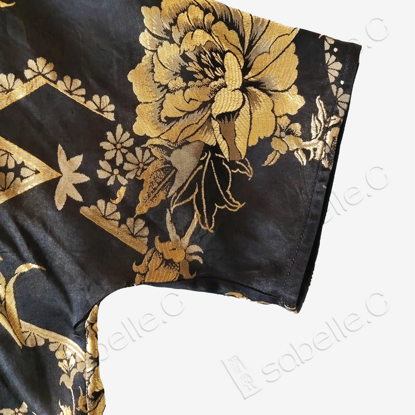 Black Vintage Silk Satin Short Sleeve Blouse - 真絲老緞短袖上衣