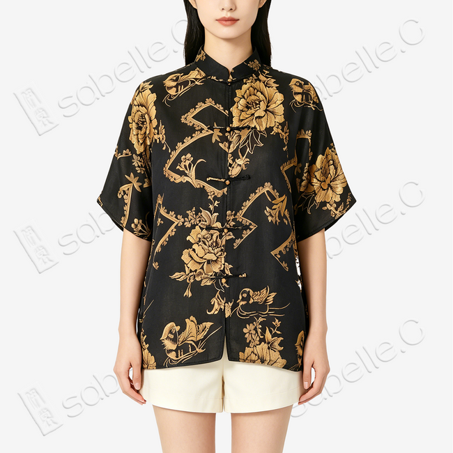 Black Vintage Silk Satin Short Sleeve Blouse - 真絲老緞短袖上衣