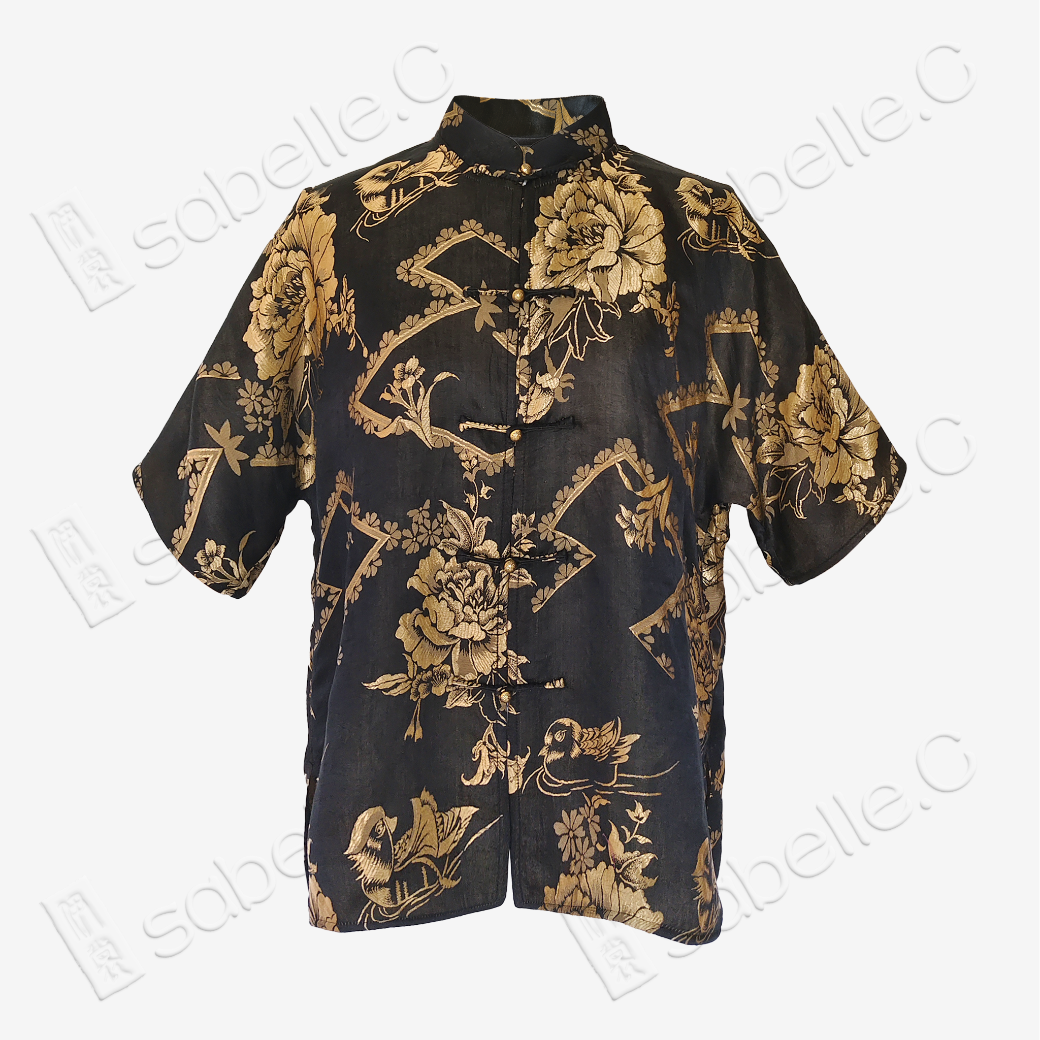 Black Vintage Silk Satin Short Sleeve Blouse - 真絲老緞短袖上衣