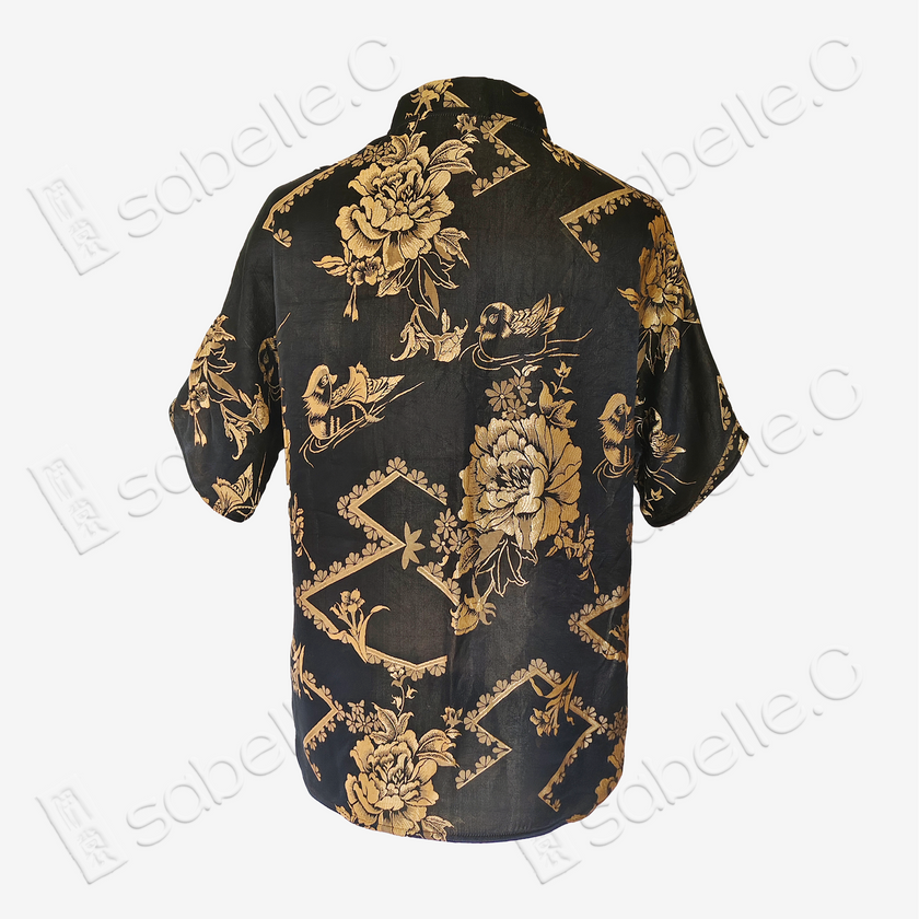 Black Vintage Silk Satin Short Sleeve Blouse - 真絲老緞短袖上衣