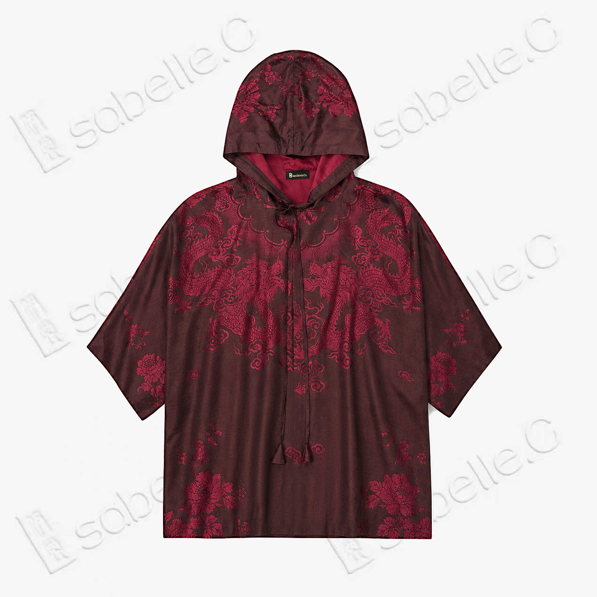 Crimson Dragon & Peony Antique Silk Hoodie - 絳紅龍紋牡丹古董真絲連帽衛衣