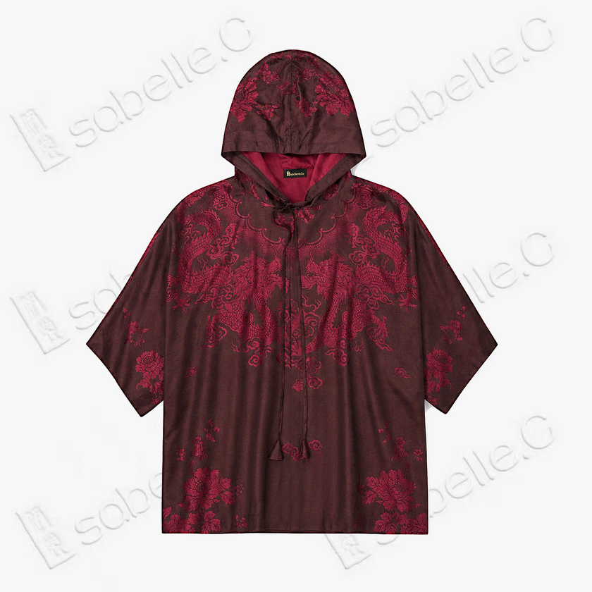 Crimson Dragon & Peony Antique Silk Hoodie - 絳紅龍紋牡丹古董真絲連帽衛衣