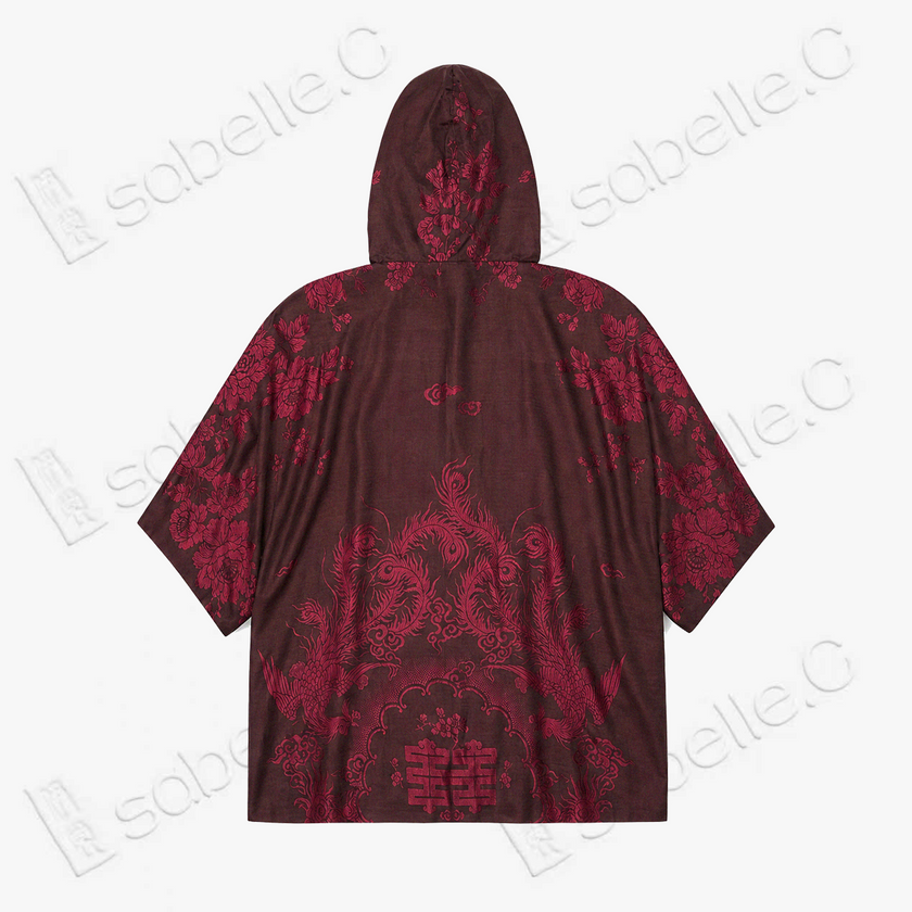 Crimson Dragon & Peony Antique Silk Hoodie - 絳紅龍紋牡丹古董真絲連帽衛衣