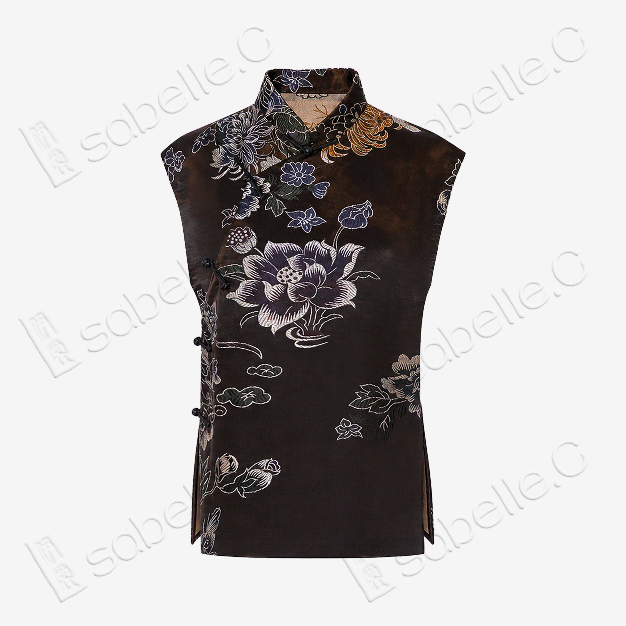 Vintage Brown Ink Lotus Vintage Silk Satin Top - 「古棕墨荷」真絲老緞上衣