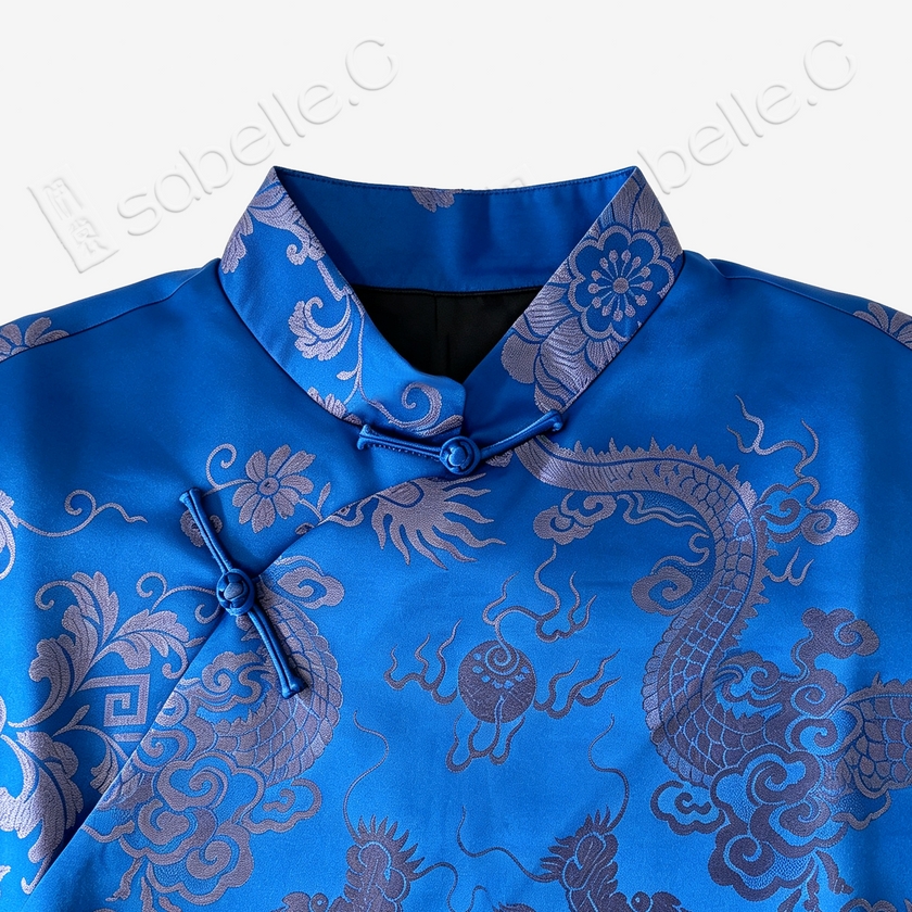Sapphire Twin Dragon Vintage Silk Satin Top - 「寶藍雙龍」真絲老緞上衣
