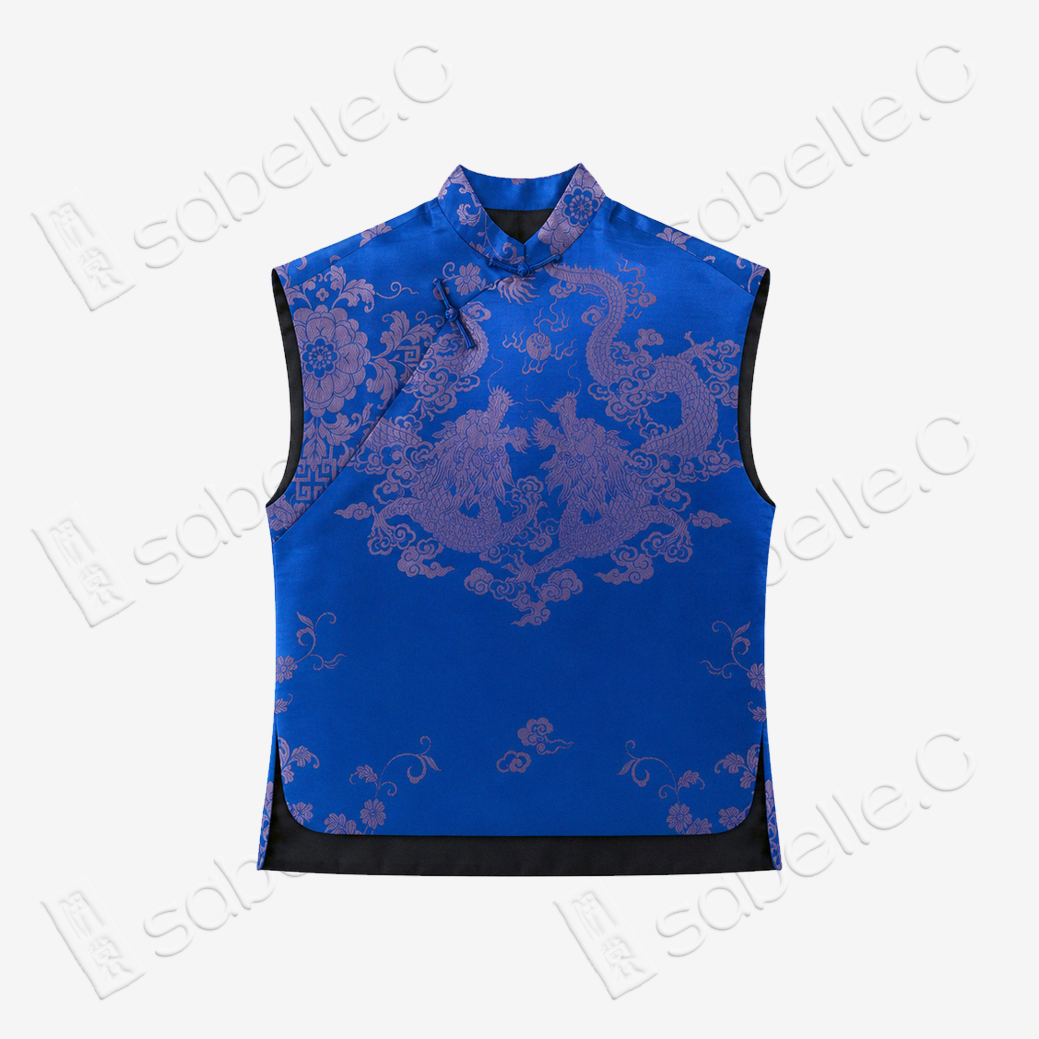Sapphire Twin Dragon Vintage Silk Satin Top - 「寶藍雙龍」真絲老緞上衣