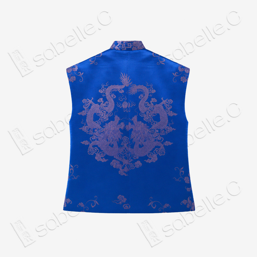Sapphire Twin Dragon Vintage Silk Satin Top - 「寶藍雙龍」真絲老緞上衣