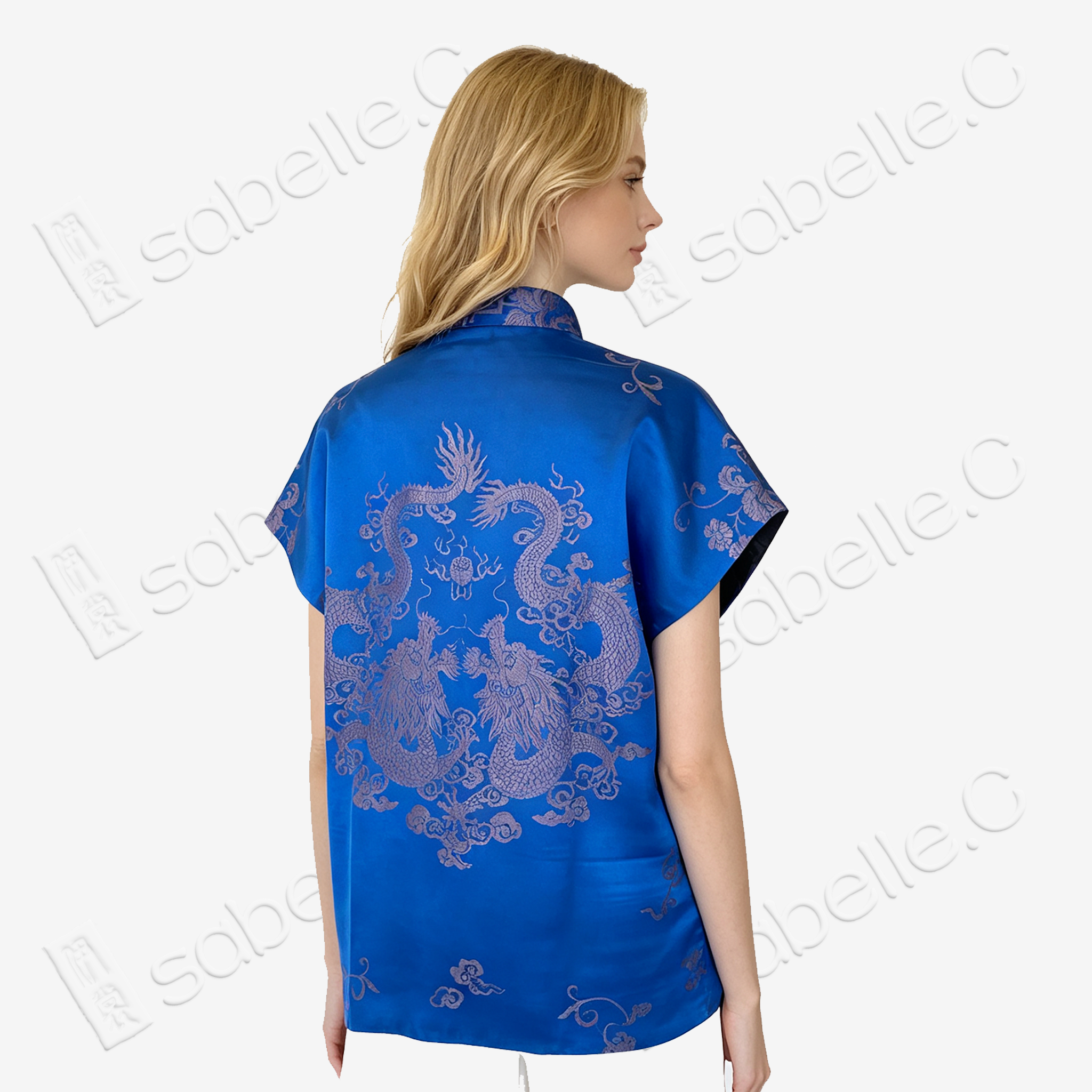 Sapphire Twin Dragon Vintage Silk Satin Top - 「寶藍雙龍」真絲老緞上衣