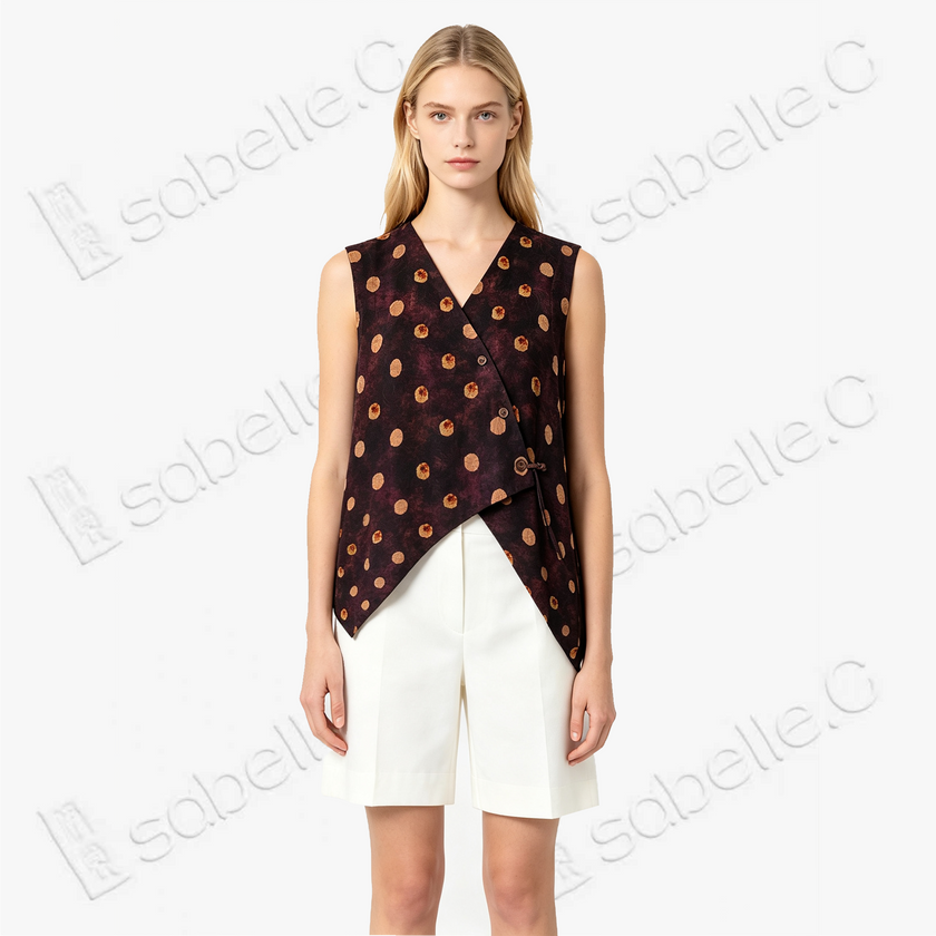 Gilded Polka Dot Gambiered Canton Silk Sleeveless Top - 鎏金波點香雲紗上衣