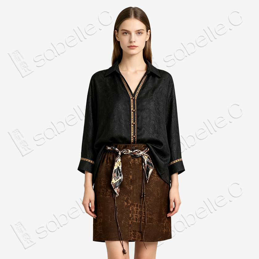 Jet Black Gilded Border Gambiered Canton Silk Set - 「玄綺金緣」香雲紗套裝