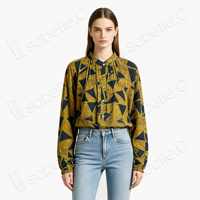 Ochre Yellow Broken Rock Gambiered Canton Silk Blouse -  「赭黃碎岩」香雲紗襯衫