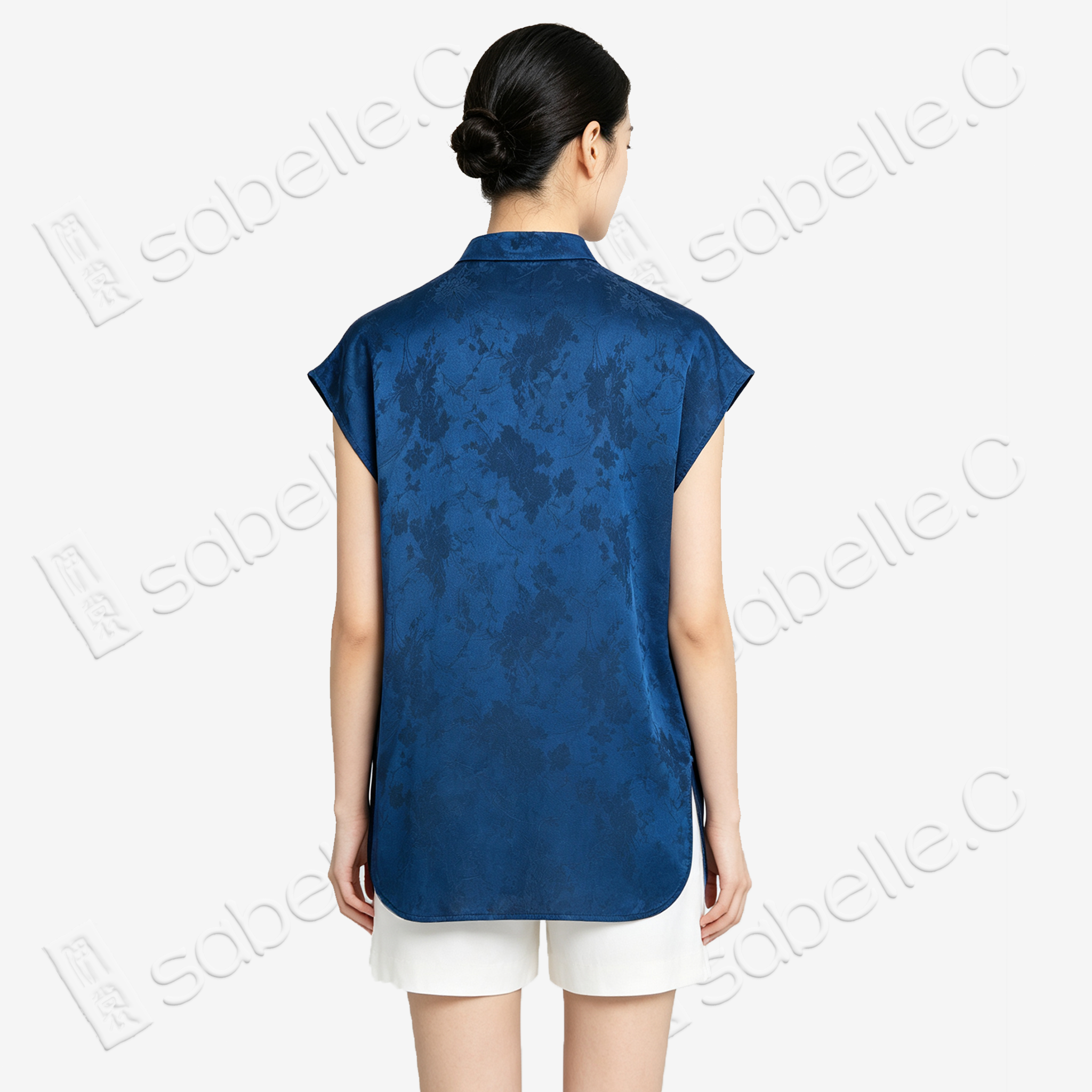 Gambiered Canton Silk Top - 「霧藍暗花」香雲紗立領上衣