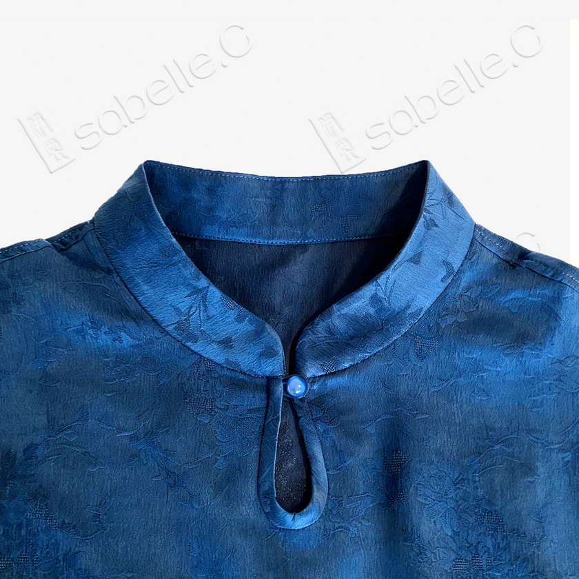 Gambiered Canton Silk Top - 「霧藍暗花」香雲紗立領上衣