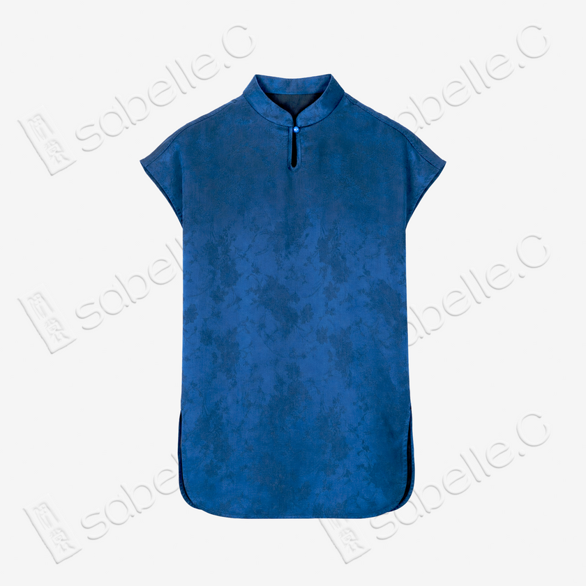 Gambiered Canton Silk Top - 「霧藍暗花」香雲紗立領上衣