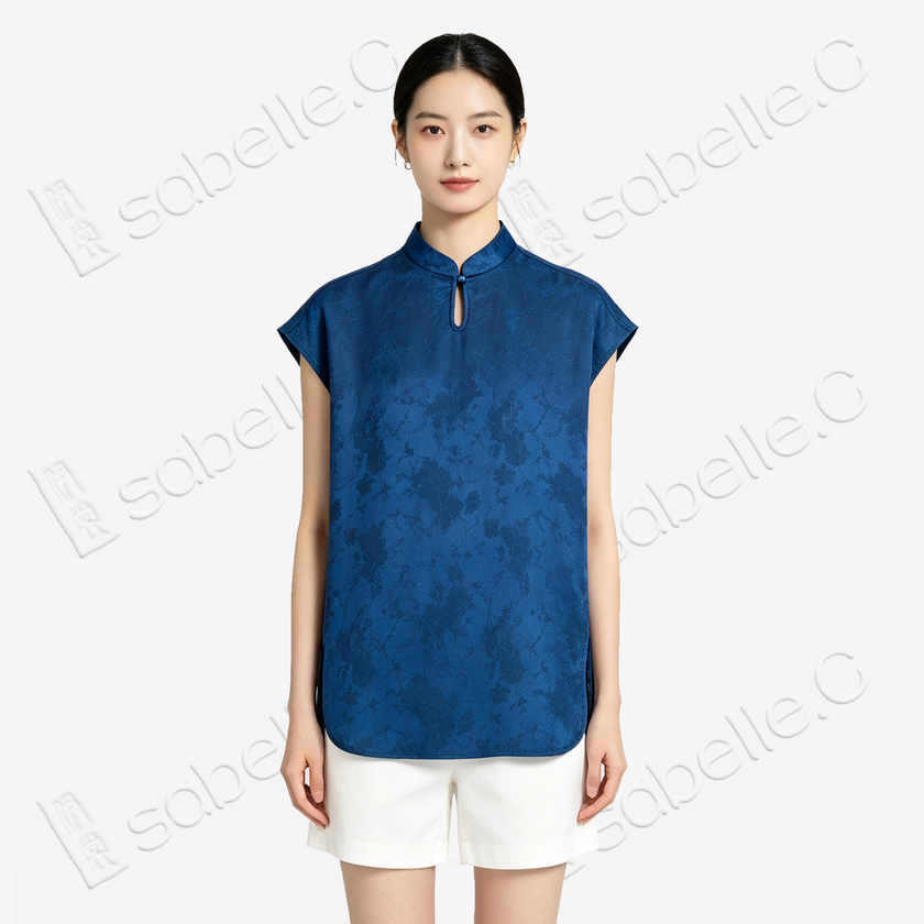 Gambiered Canton Silk Top - 「霧藍暗花」香雲紗立領上衣