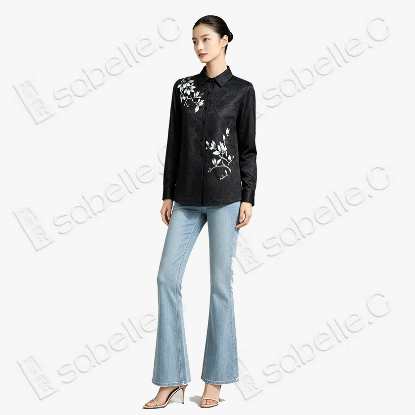Hand‑Painted Gambiered Canton Silk Shirt - 「素墨玉蘭」手繪香雲紗襯衫
