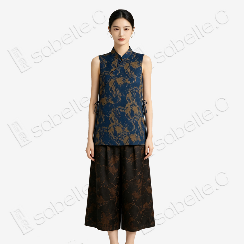 Gambiered Canton Silk Sleeveless Top - 「滄藍金繪」香雲紗無袖上衣