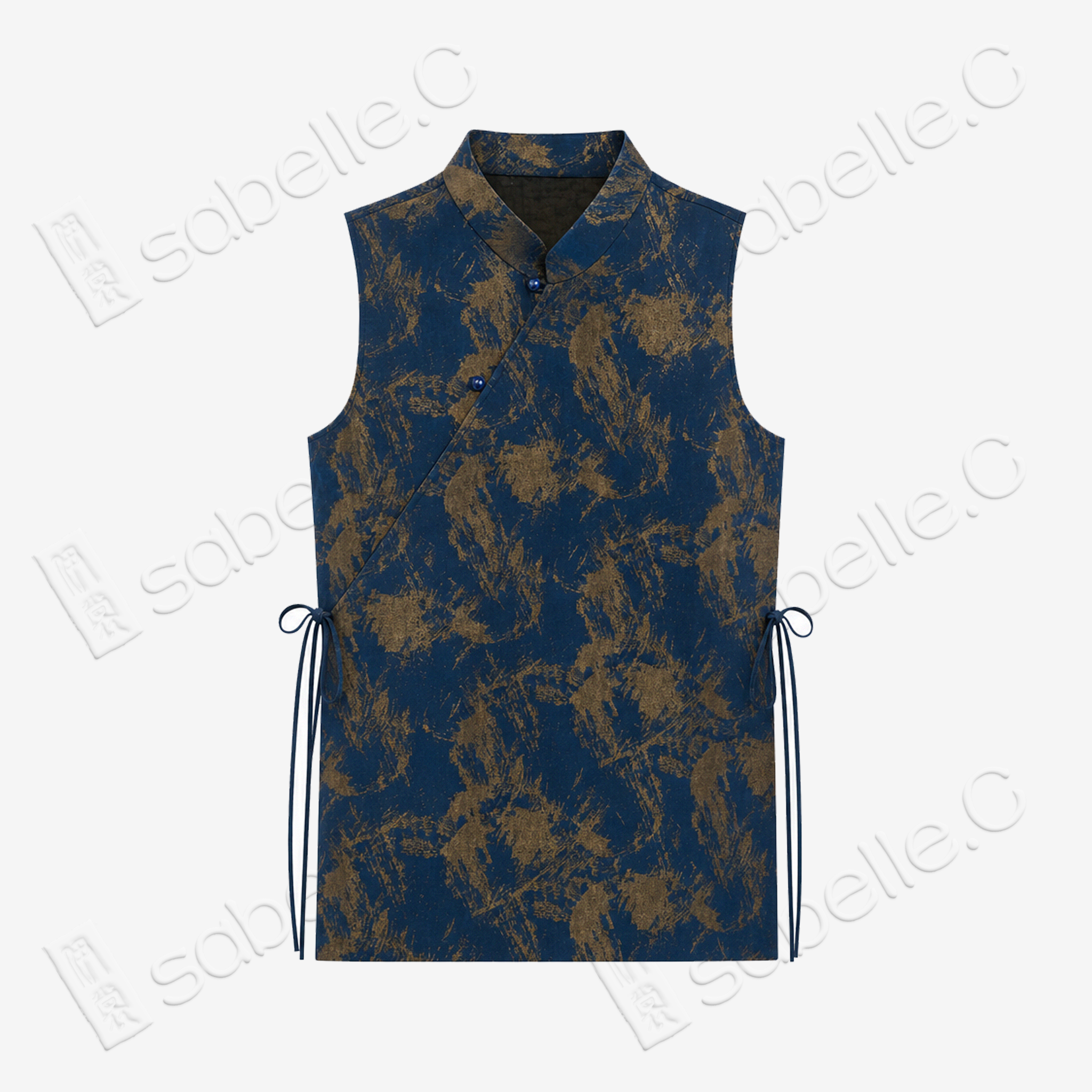 Gambiered Canton Silk Sleeveless Top - 「滄藍金繪」香雲紗無袖上衣