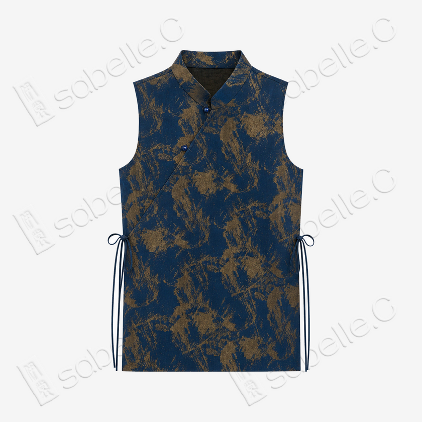 Gambiered Canton Silk Sleeveless Top - 「滄藍金繪」香雲紗無袖上衣