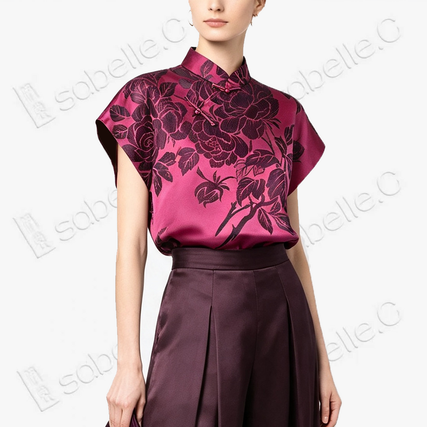 Vintage Silk‑Satin Stand‑Collar Blouse - 真絲老緞立領上衣