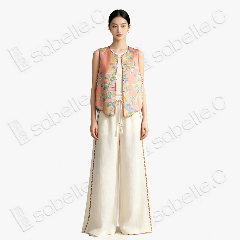 Tang Brocade Vest - 「桃霞錦雀」唐錦馬甲