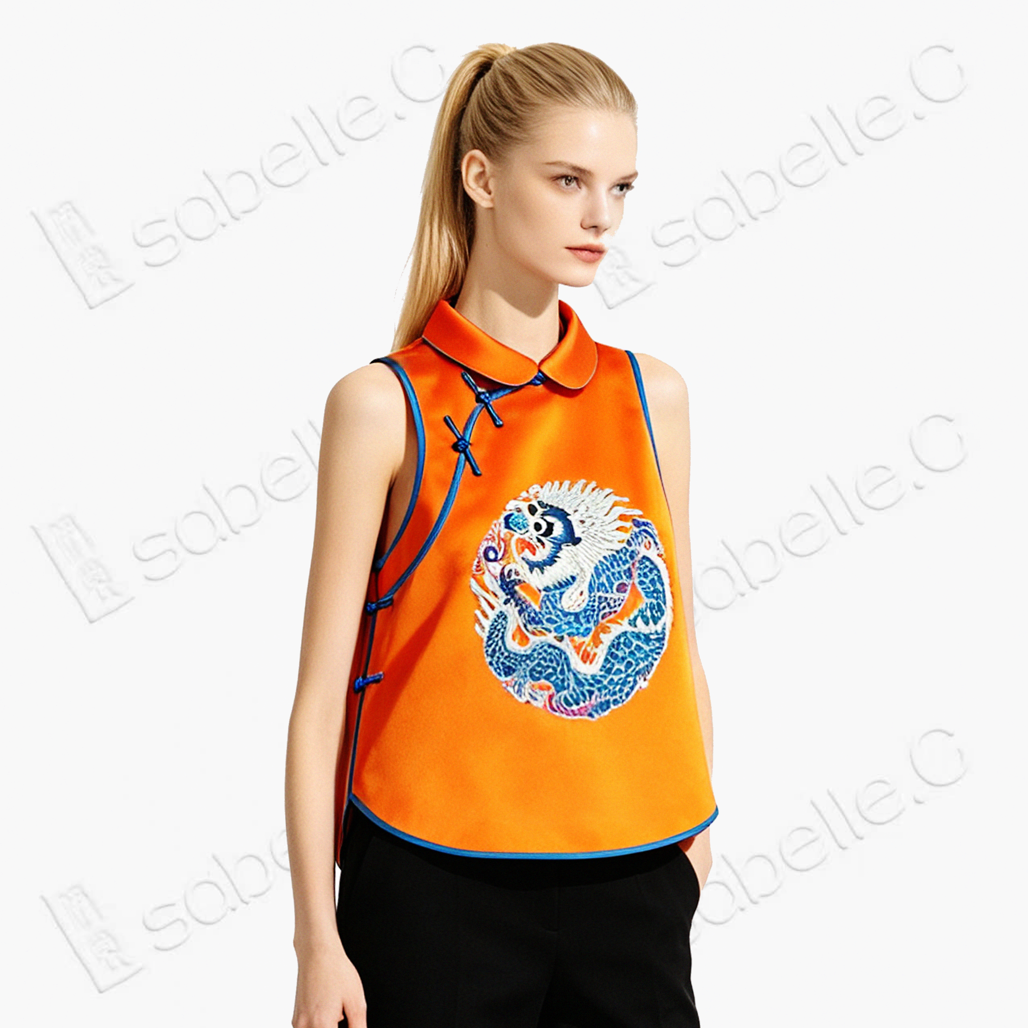 Orange Satin Circular Dragon Vintage Embroidered Vest - 橙緞團龍老綉馬甲