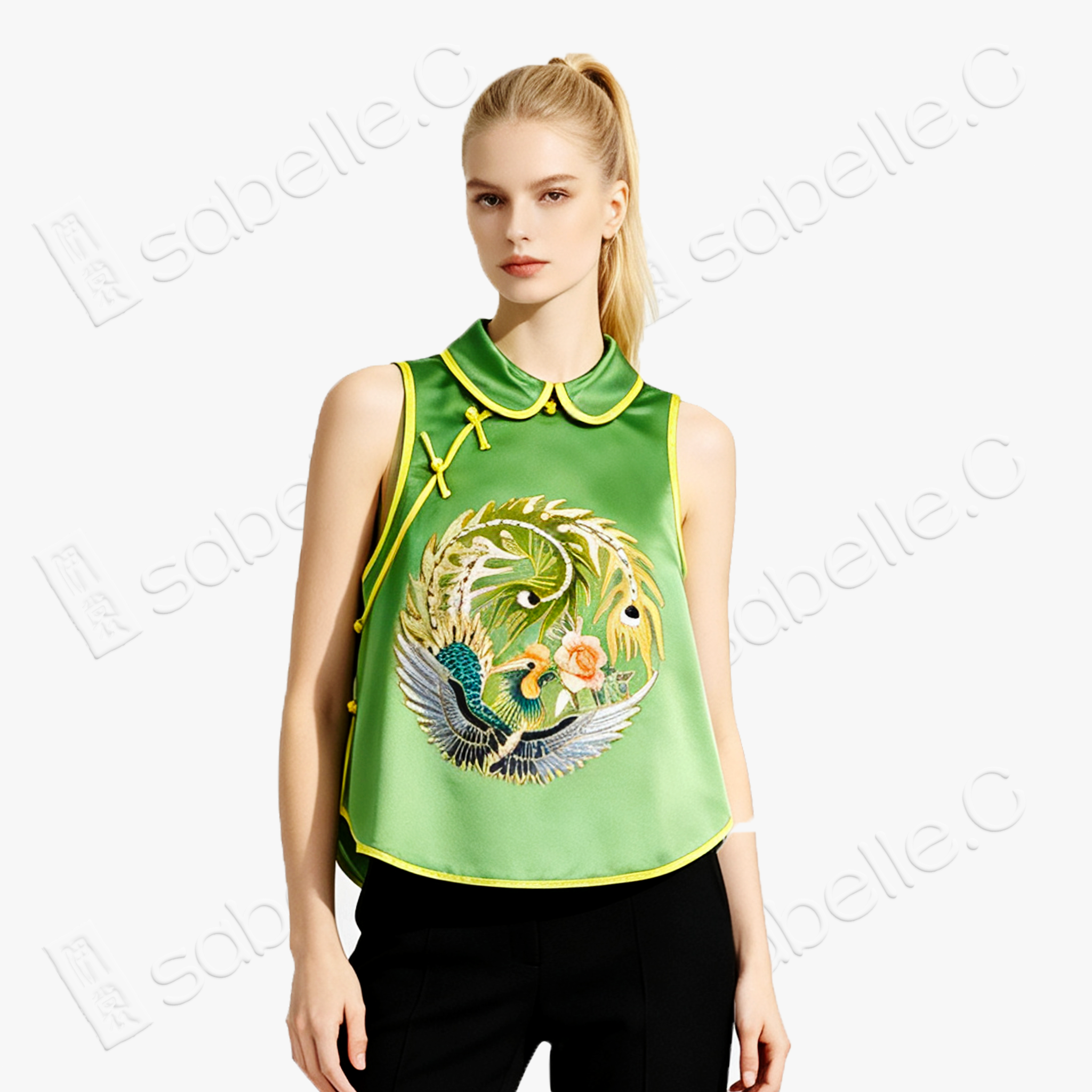 Emerald Green Circular Phoenix Vintage Embroidered Silk Waistcoat - 「翠碧團鳳」真絲老繡馬甲