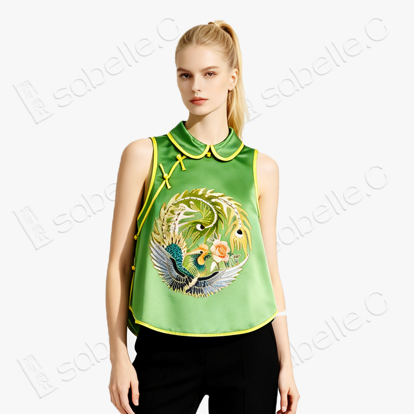 Emerald Green Circular Phoenix Vintage Embroidered Silk Waistcoat - 「翠碧團鳳」真絲老繡馬甲