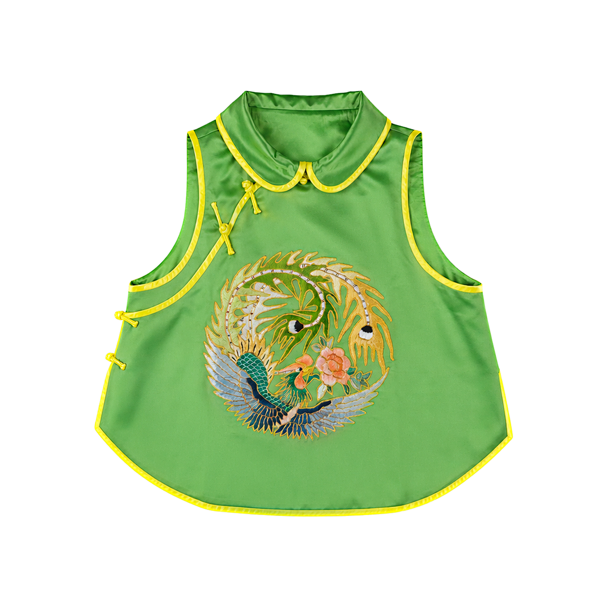 Emerald Green Circular Phoenix Vintage Embroidered Silk Waistcoat - 「翠碧團鳳」真絲老繡馬甲