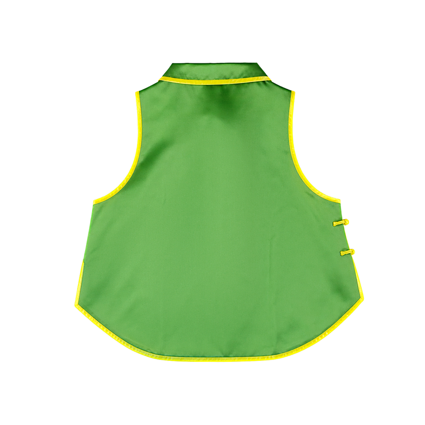 Emerald Green Circular Phoenix Vintage Embroidered Silk Waistcoat - 「翠碧團鳳」真絲老繡馬甲