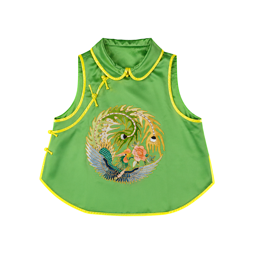 Emerald Green Circular Phoenix Vintage Embroidered Silk Waistcoat - 「翠碧團鳳」真絲老繡馬甲