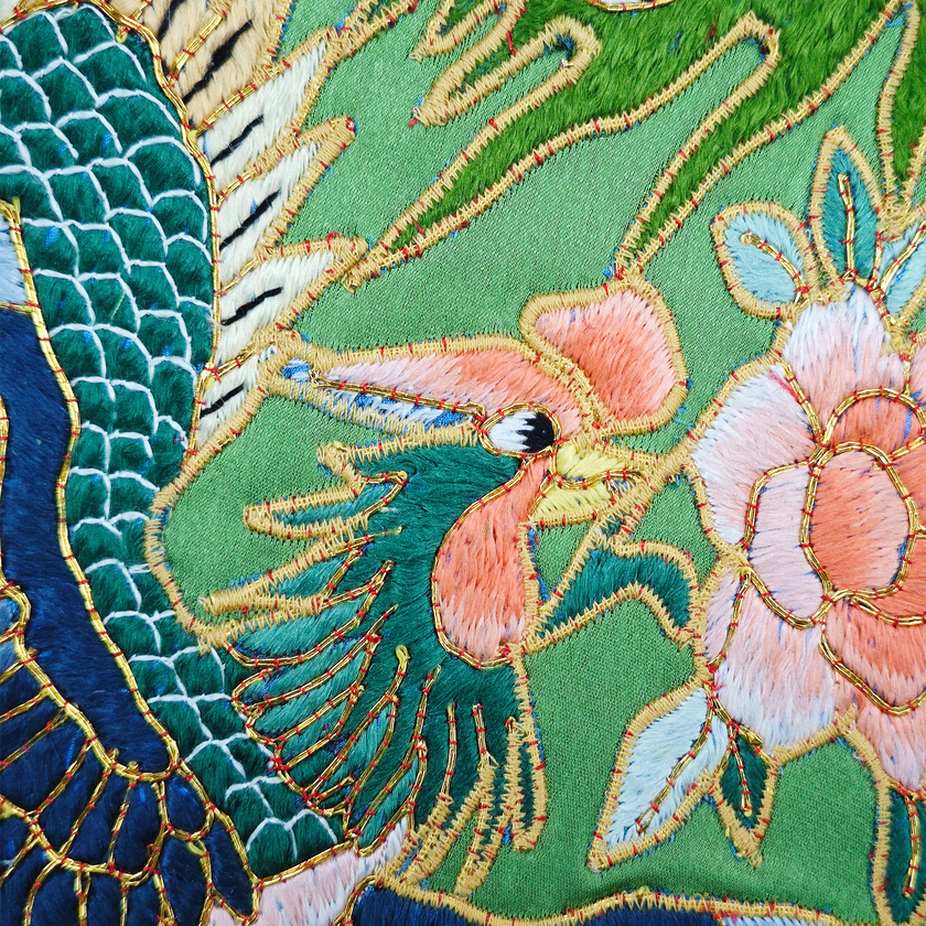 Emerald Green Circular Phoenix Vintage Embroidered Silk Waistcoat - 「翠碧團鳳」真絲老繡馬甲