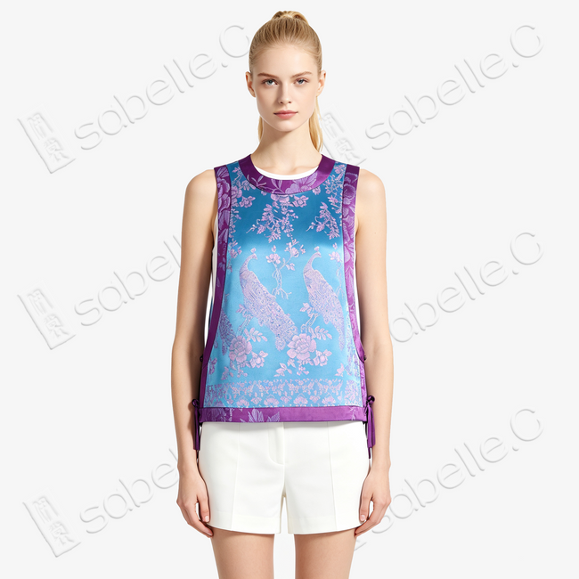 Cyan Blue Violet Plumage Vintage Silk Satin Waistcoat - 「青藍紫翎」真絲老緞馬甲