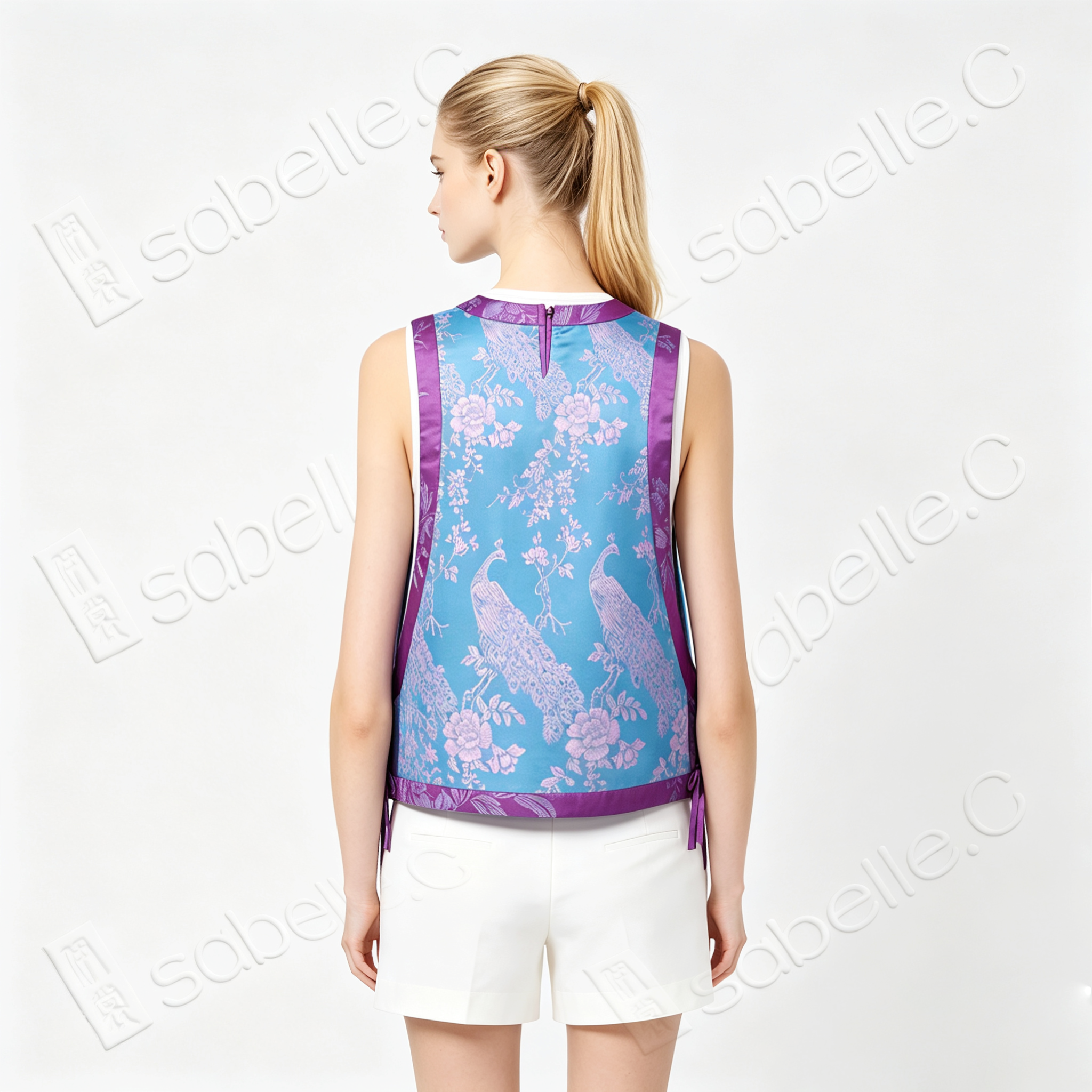 Cyan Blue Violet Plumage Vintage Silk Satin Waistcoat - 「青藍紫翎」真絲老緞馬甲