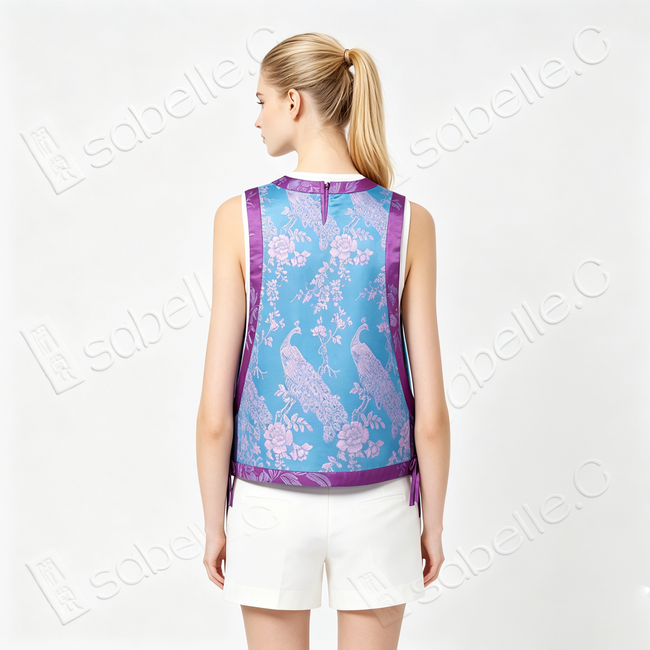 Cyan Blue Violet Plumage Vintage Silk Satin Waistcoat - 「青藍紫翎」真絲老緞馬甲