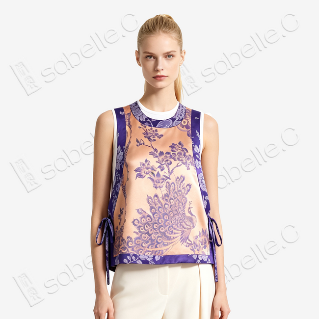 Apricot Base Violet Plumage Vintage Silk Satin Waistcoat - 「杏底紫翎」真絲老緞馬甲