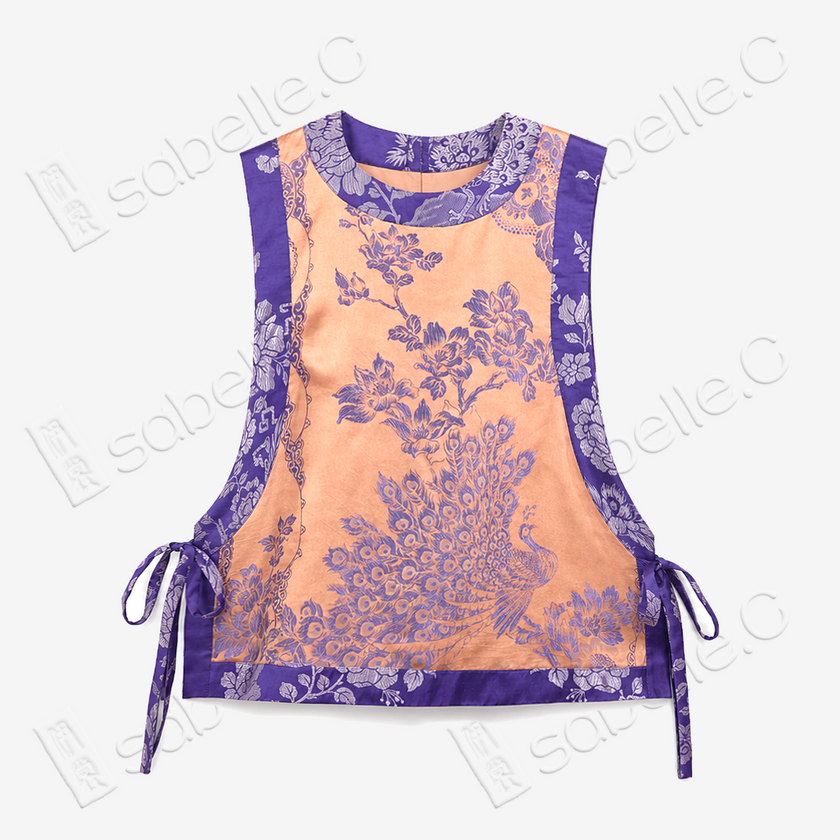 Apricot Base Violet Plumage Vintage Silk Satin Waistcoat - 「杏底紫翎」真絲老緞馬甲