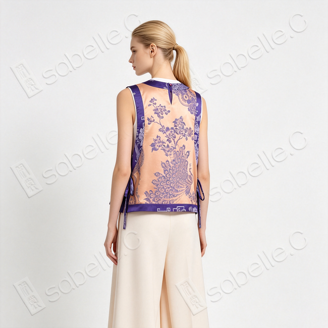 Apricot Base Violet Plumage Vintage Silk Satin Waistcoat - 「杏底紫翎」真絲老緞馬甲
