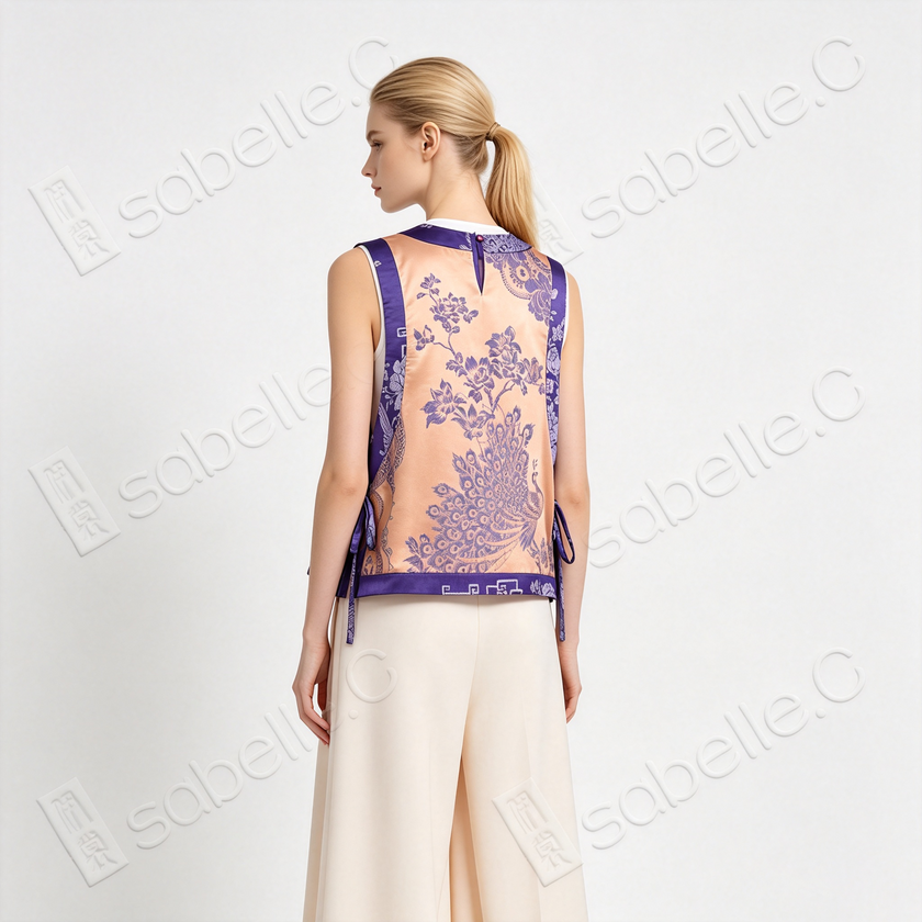 Apricot Base Violet Plumage Vintage Silk Satin Waistcoat - 「杏底紫翎」真絲老緞馬甲