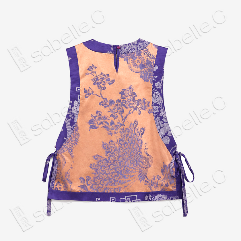 Apricot Base Violet Plumage Vintage Silk Satin Waistcoat - 「杏底紫翎」真絲老緞馬甲