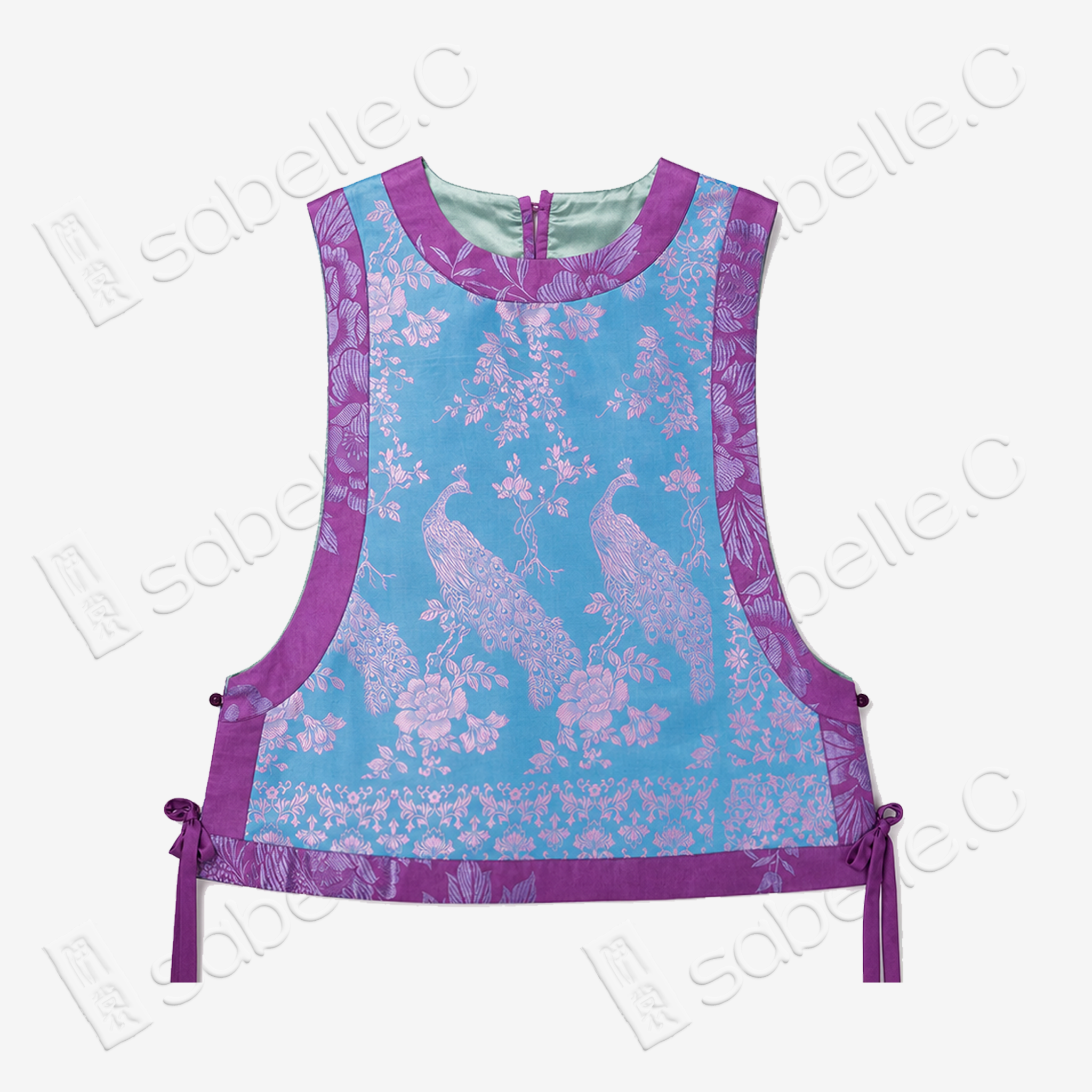 Cyan Blue Violet Plumage Vintage Silk Satin Waistcoat - 「青藍紫翎」真絲老緞馬甲